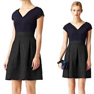 REISS 4 Uma Swiss Dot Fit n' Flare Navy Dress Brocade Chiffon Cap Sleeve